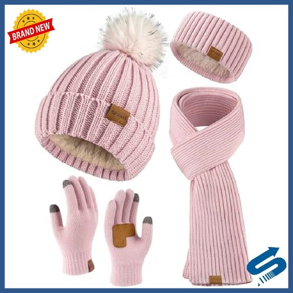 Fleece Lined Beanie Scarf Gloves Headband Set Touchscreen Knit Winter Hat Womens Winter Warm Beanie Hats Gloves Scarf Headband Set  main image 3